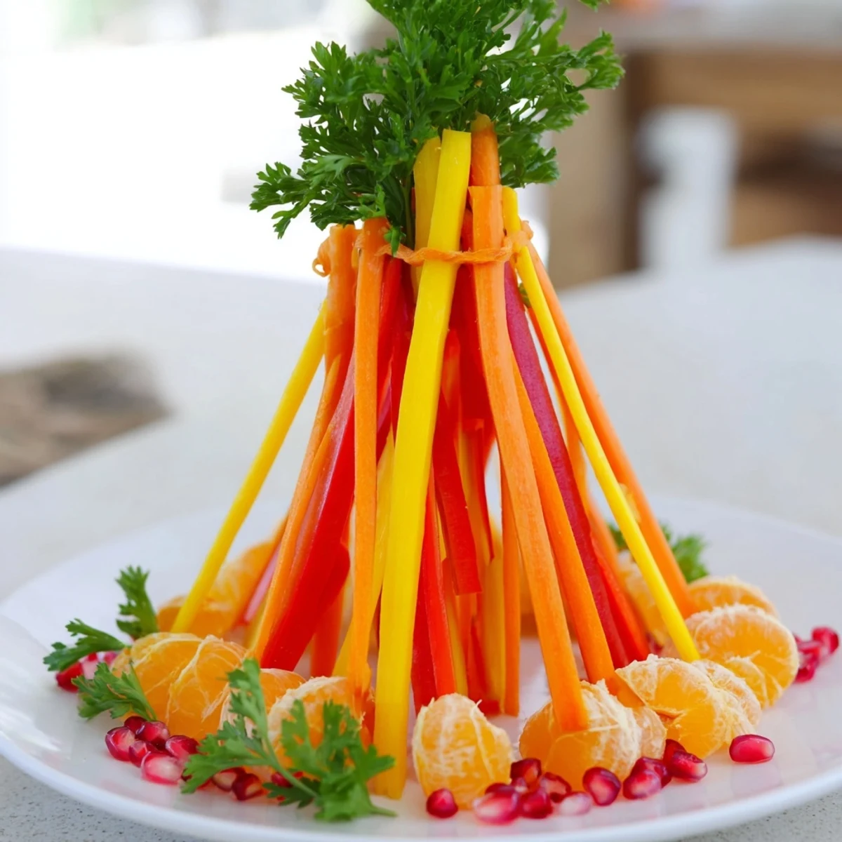 Bonfire Warmth Centerpiece, a vibrant edible display of colorful vegetables and fruits.