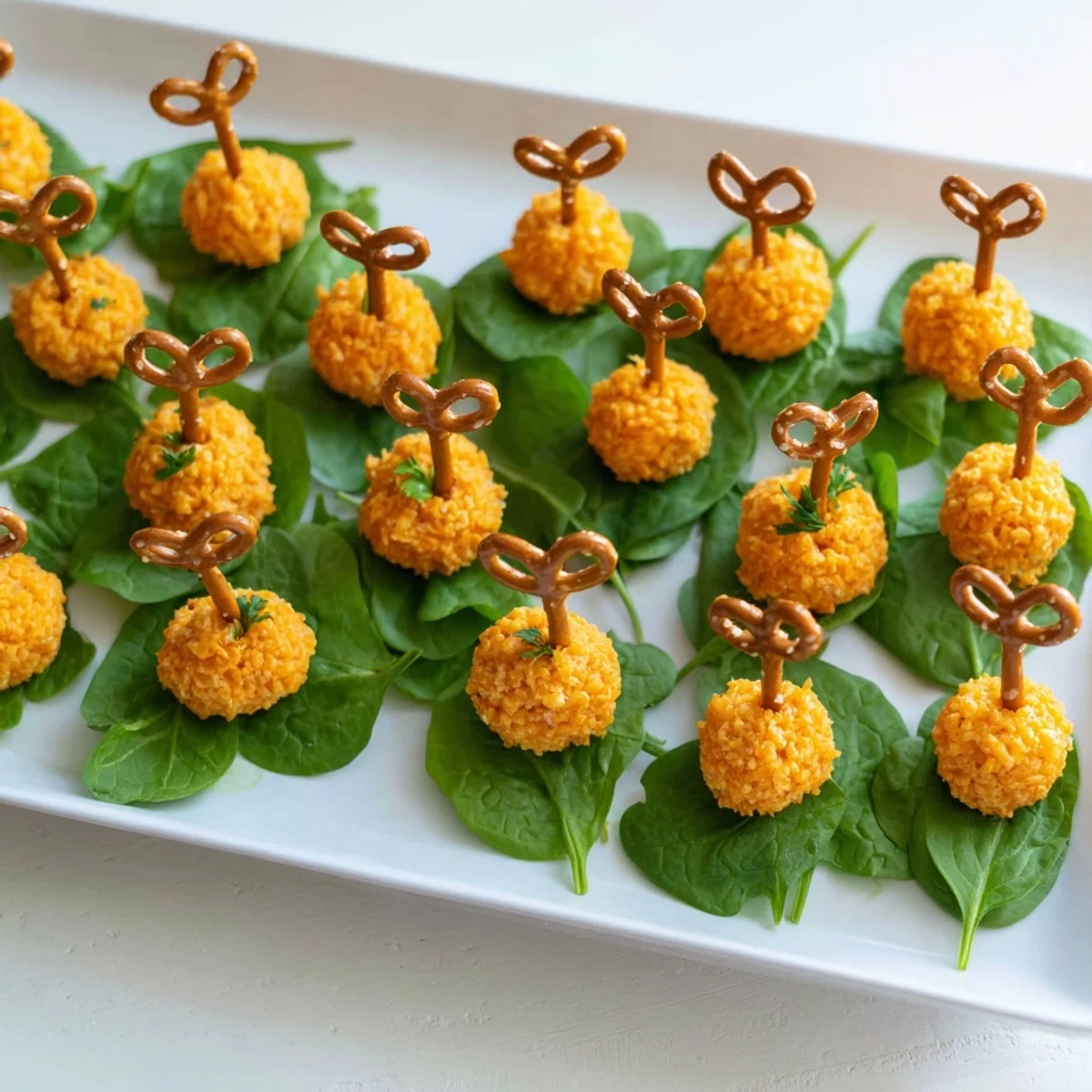 Vibrant image of The Pumpkin Patch Grid appetizer, featuring cheese ball pumpkins on a green field.
