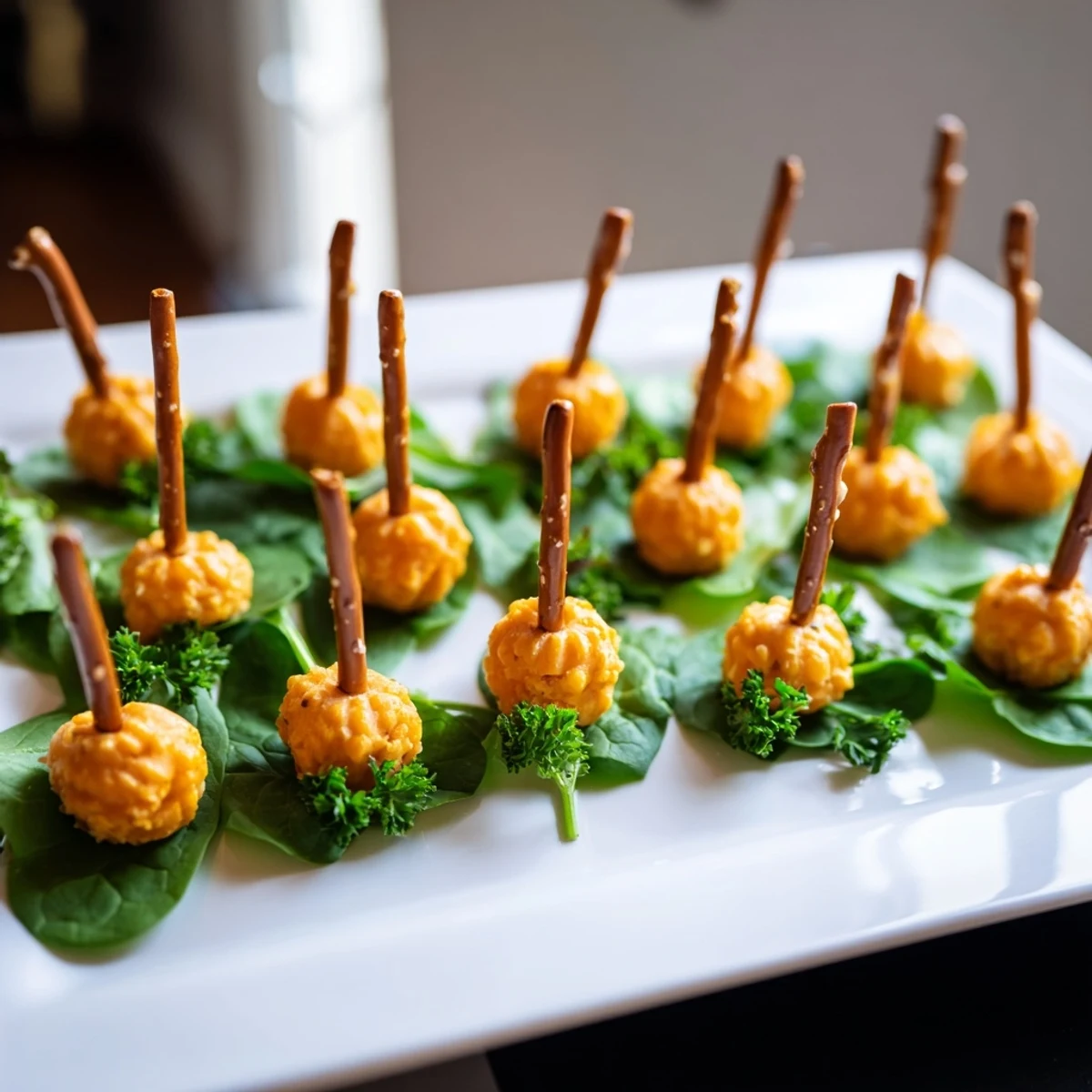 Close-up view of The Pumpkin Patch Grid: easy cheese ball "pumpkins" ready for your party.