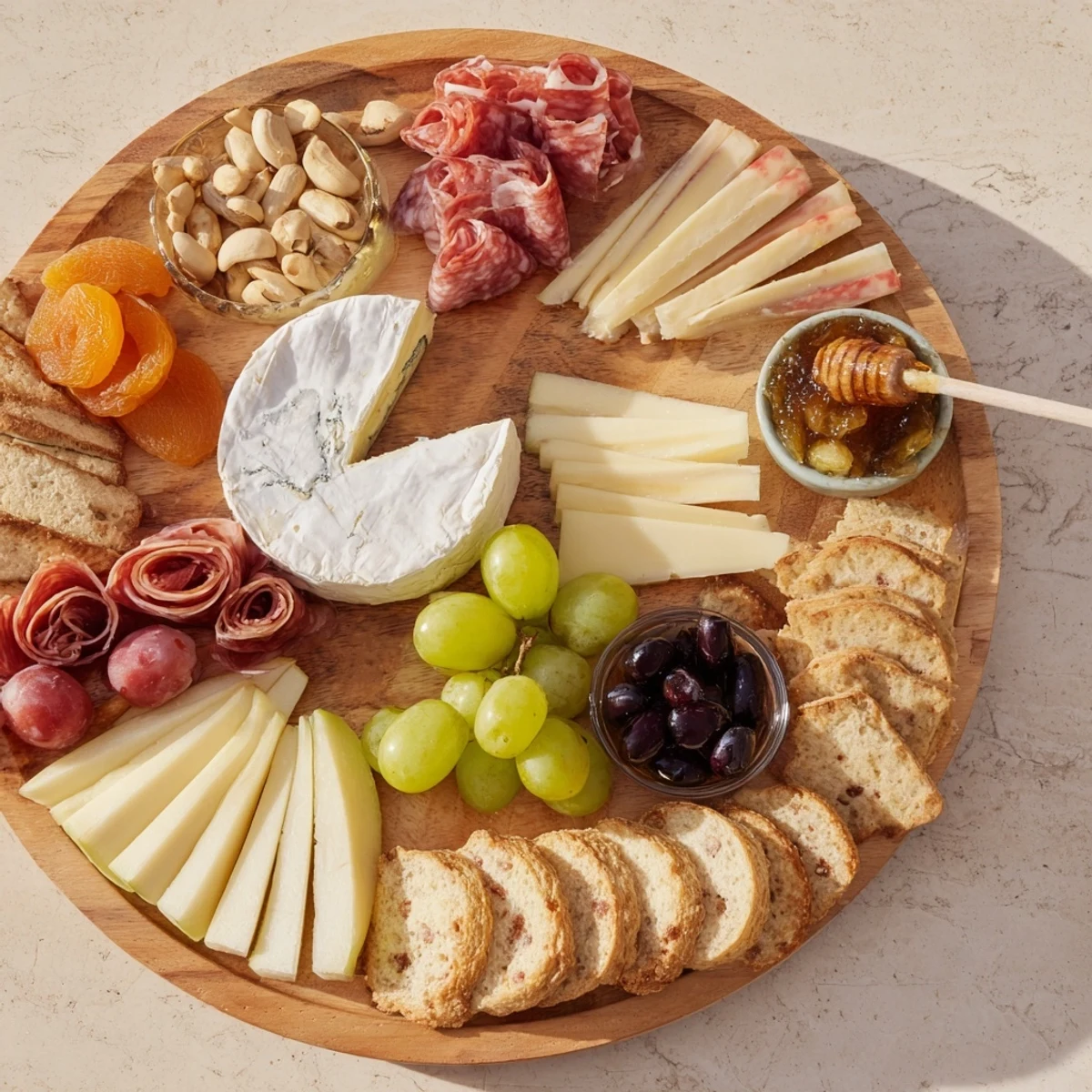 Elegant Gilded Edge cheese board brimming with colorful cheeses, meats, fruits, and olives, ready to serve.