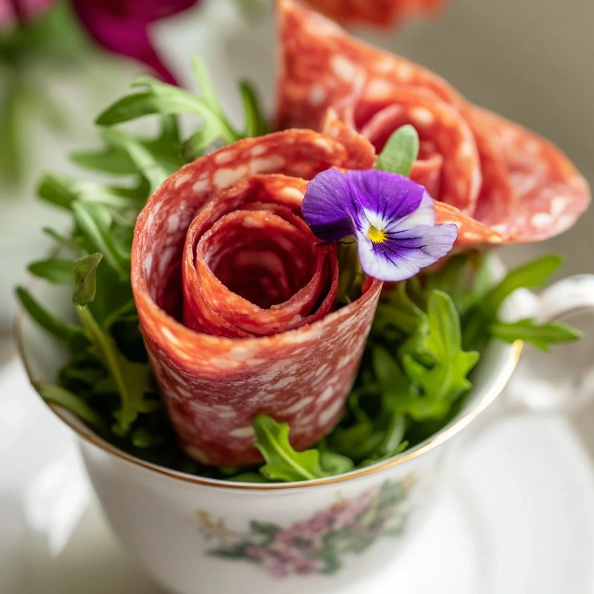 Victorian Tea Rose appetizer: beautifully arranged salami and pepperoni roses nestled in delicate teacups, ready to be enjoyed.