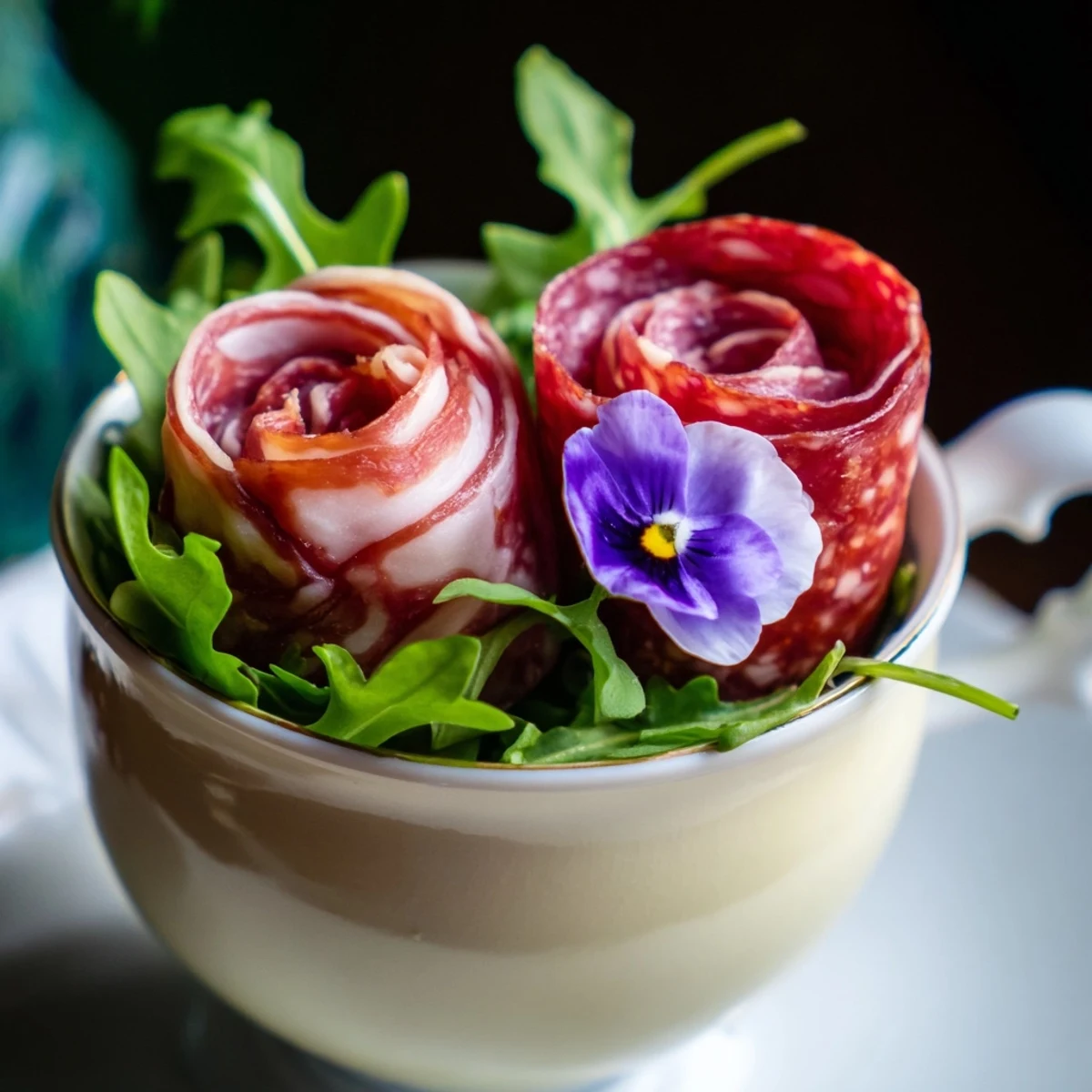 Enjoy the unique Victorian Tea Rose: close-up view of elegant meat roses, ready to be served in petite porcelain teacups.