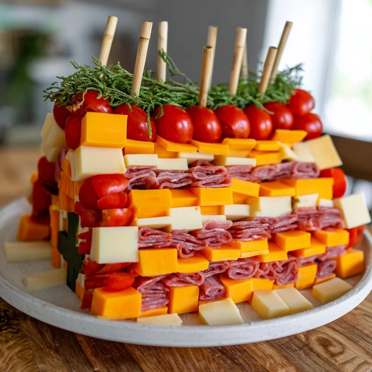 A beautifully arranged Checkerboard Chalet appetizer showcases cheese, meats, and a charming 3D chalet.