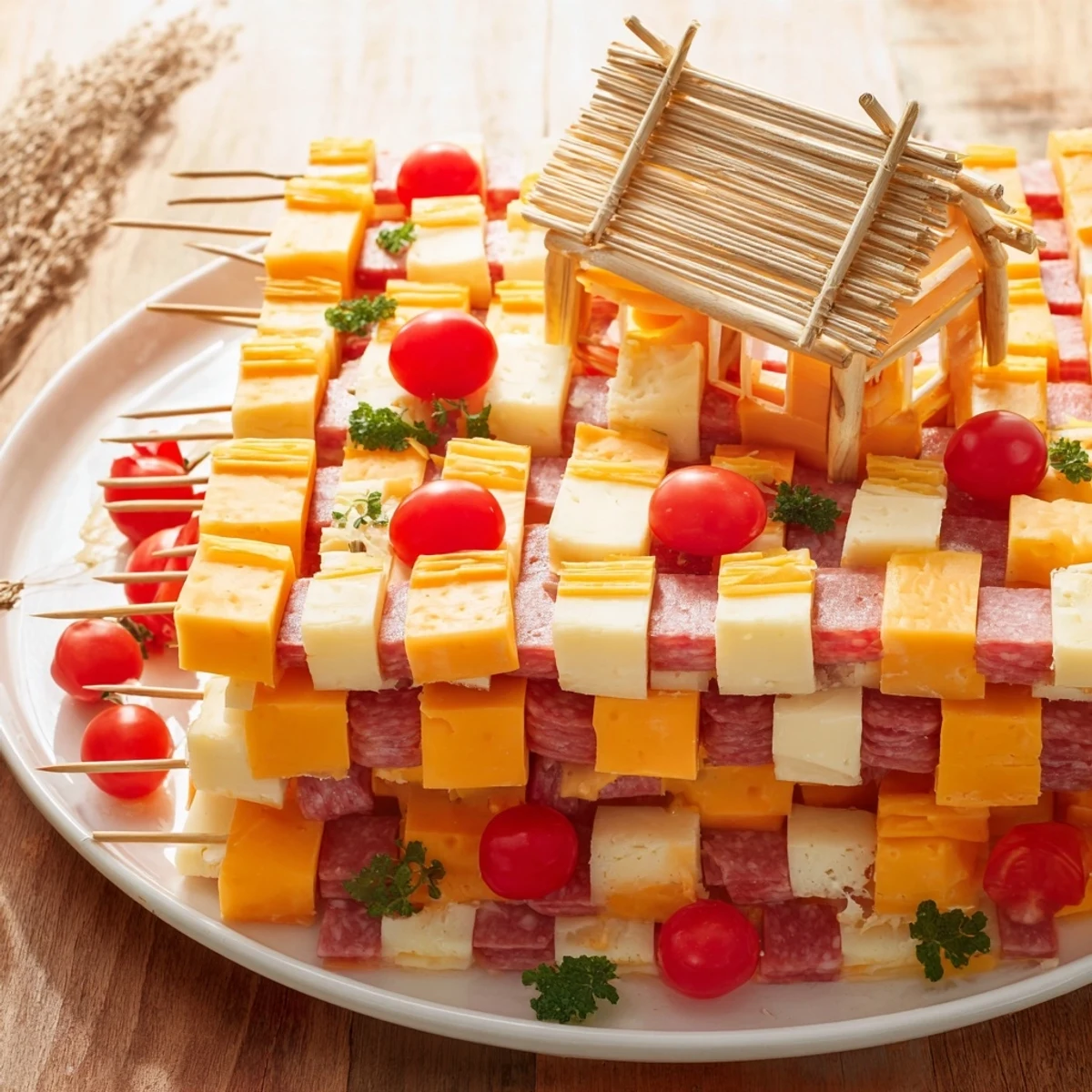 This savory Checkerboard Chalet recipe presents a cheese and meat checkerboard base topped by a chalet.