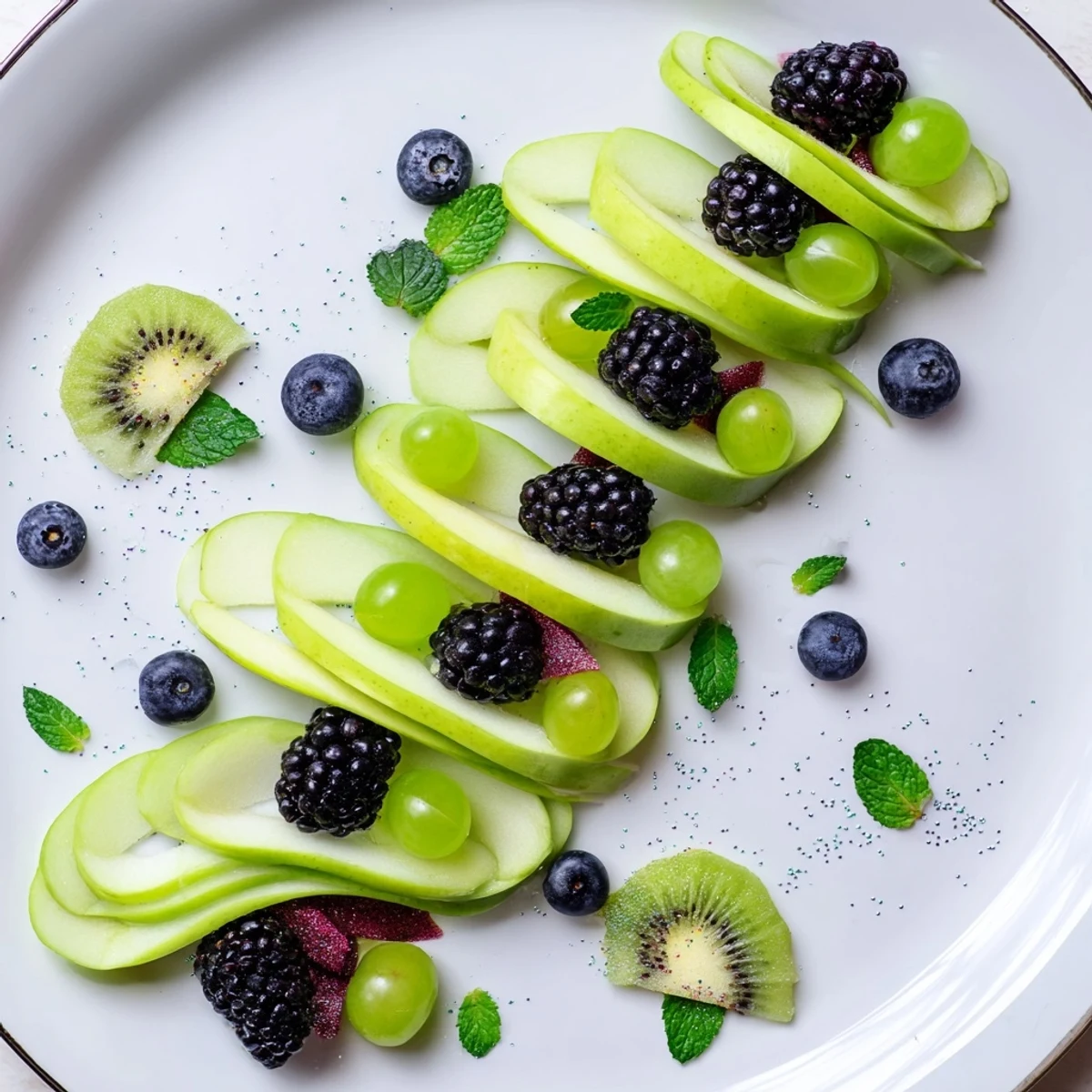 Vibrant The Aurora Borealis Sweep fruit platter with green kiwi and purple grapes, perfect for a party.