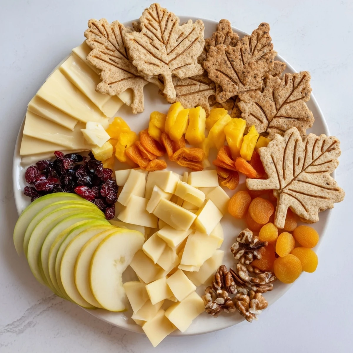 A delicious Thanksgiving Leaf Fall appetizer showcasing multicolored leaves of cheese and fruits, ready to enjoy.