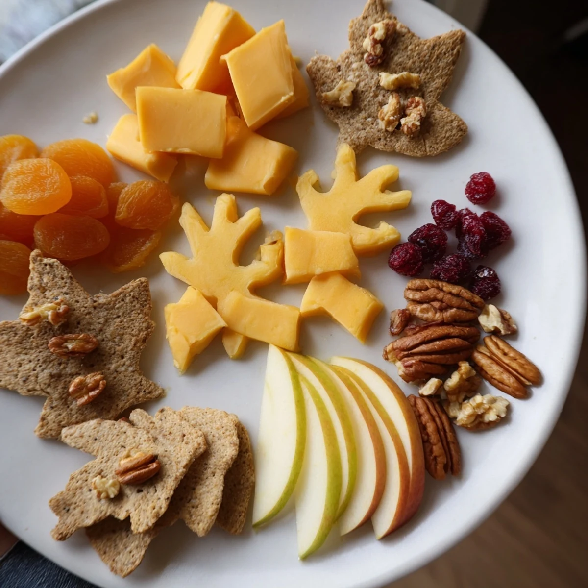 Vibrant Thanksgiving Leaf Fall snack board with leaf-shaped cheeses, crackers, and fruits for fall gatherings!.