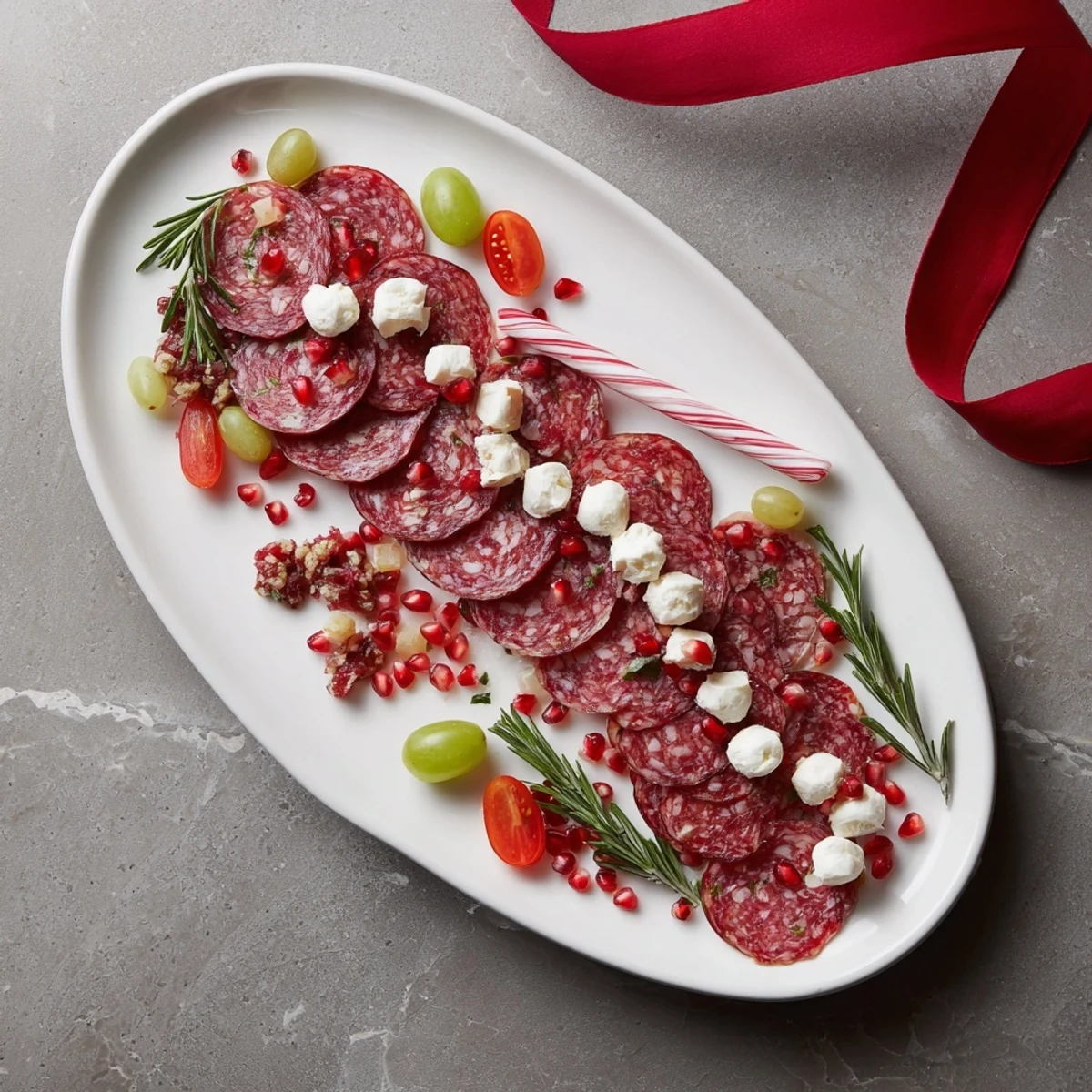 Festive Candy Cane Zigzag charcuterie board with vibrant red and white ingredients; delicious party appetizer.