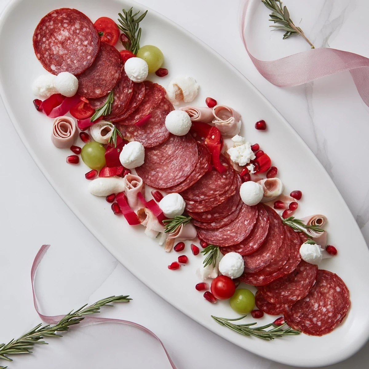 Visually stunning Candy Cane Zigzag appetizer board, showcasing salami, mozzarella, and juicy red accents for the holidays.