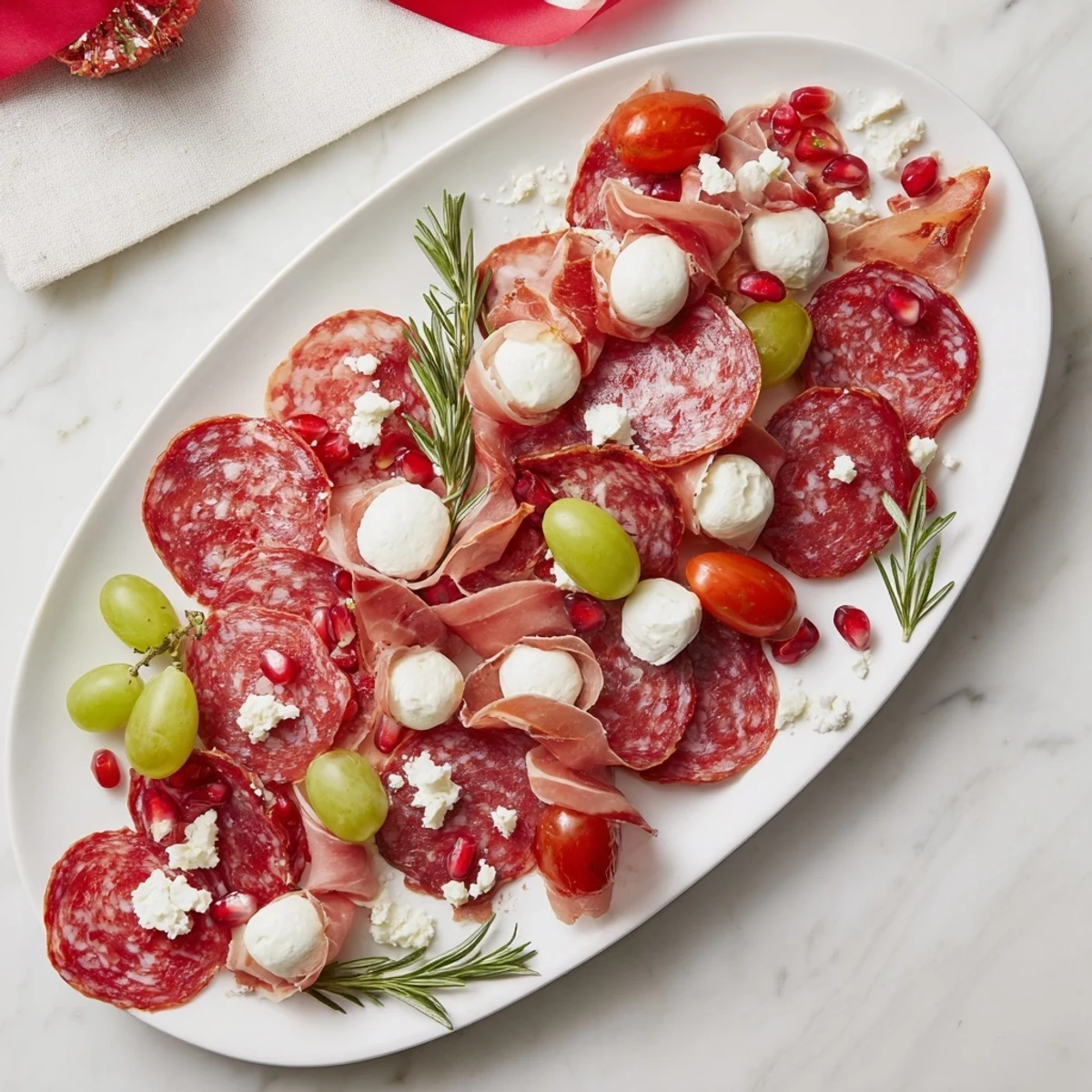 Holiday-themed Candy Cane Zigzag recipe, a beautifully arranged assortment of meats, cheeses, and colorful garnishes to share.