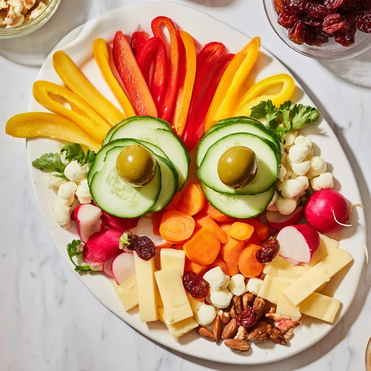 Festive The Masquerade Mask appetizer platter with vibrant vegetables and cheeses, perfect for parties.
