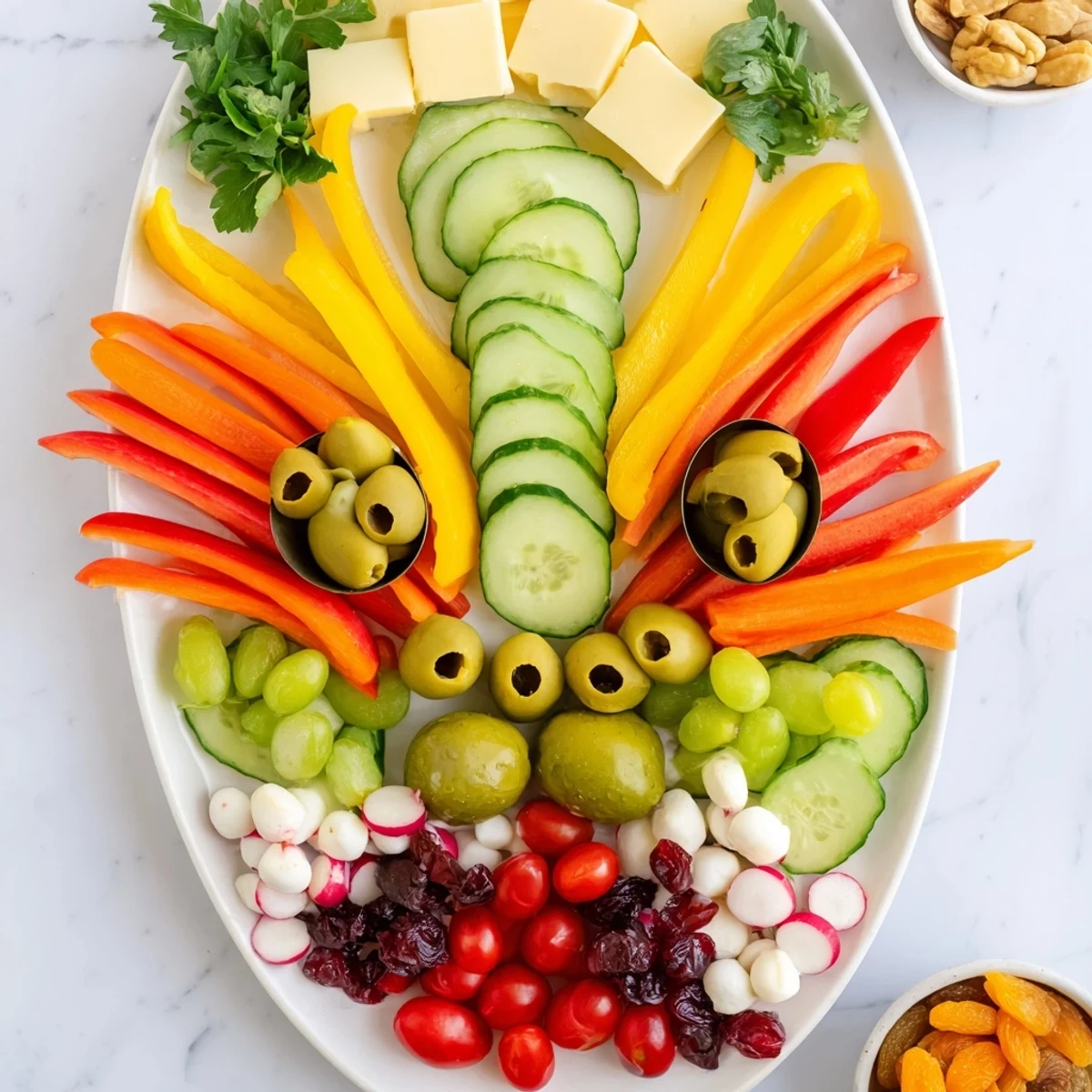 A colorful The Masquerade Mask, an artful appetizer presentation featuring fresh veggies and cheese cubes.