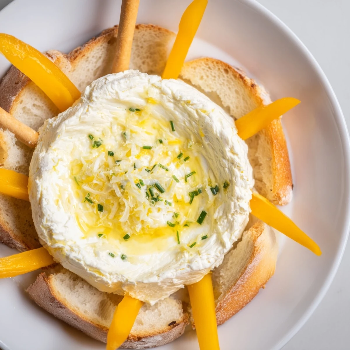 Brightly colored Tuscan Sunburst appetizer with lemon-infused goat cheese and yellow peppers on a platter.