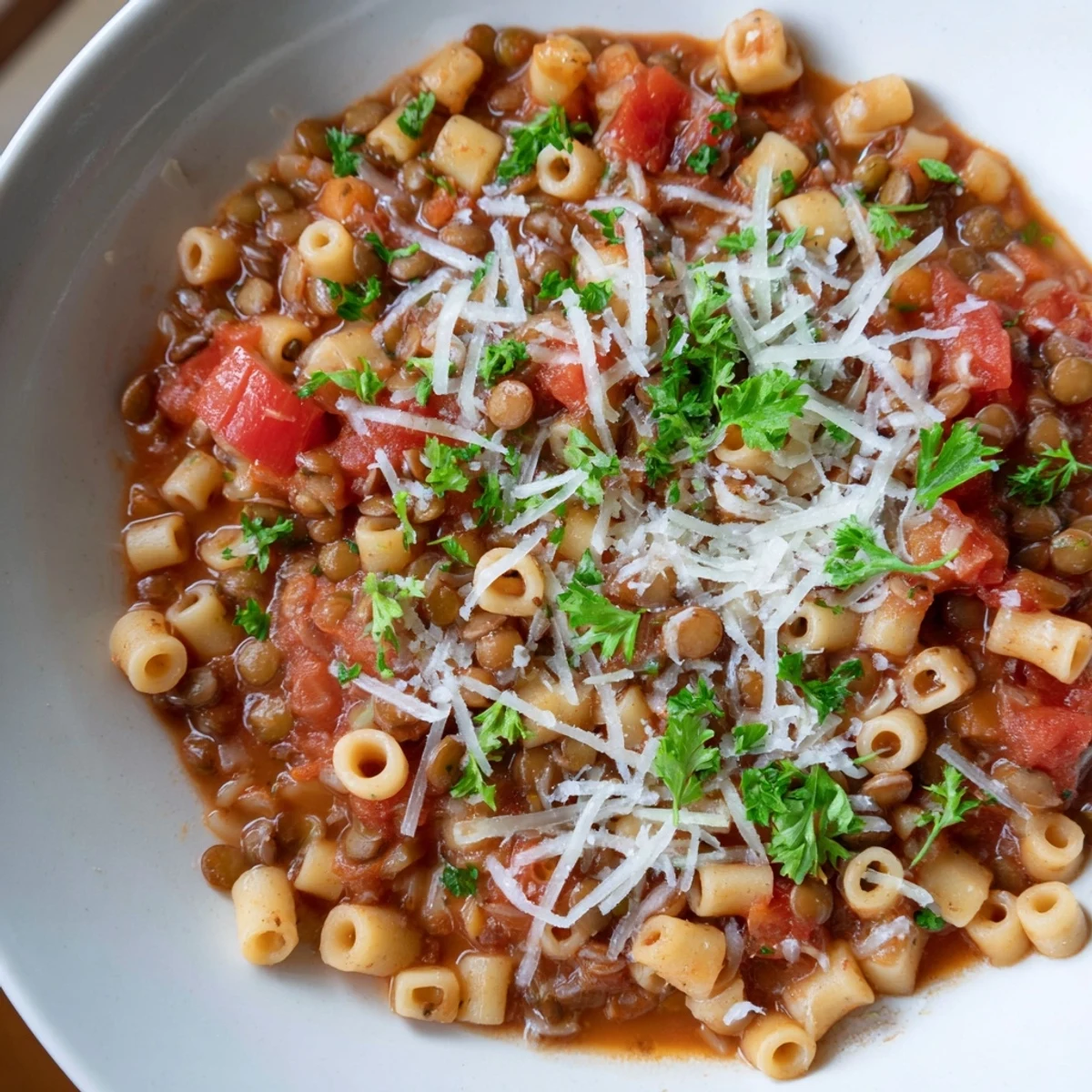 Steaming bowl of Ditalini and Lentil Soup, a hearty Italian-inspired meal with fresh parsley.