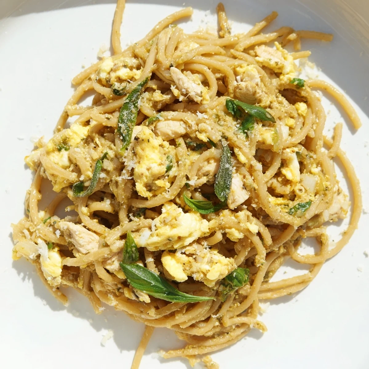 Creamy pesto egg and chicken pasta with Parmesan and fresh basil, a colorful meal.