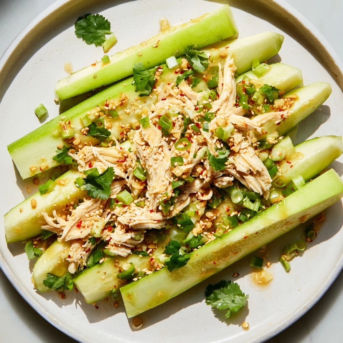 Smashed Whole Cucumber Logan Salad with shredded chicken, a vibrant and flavorful main dish.