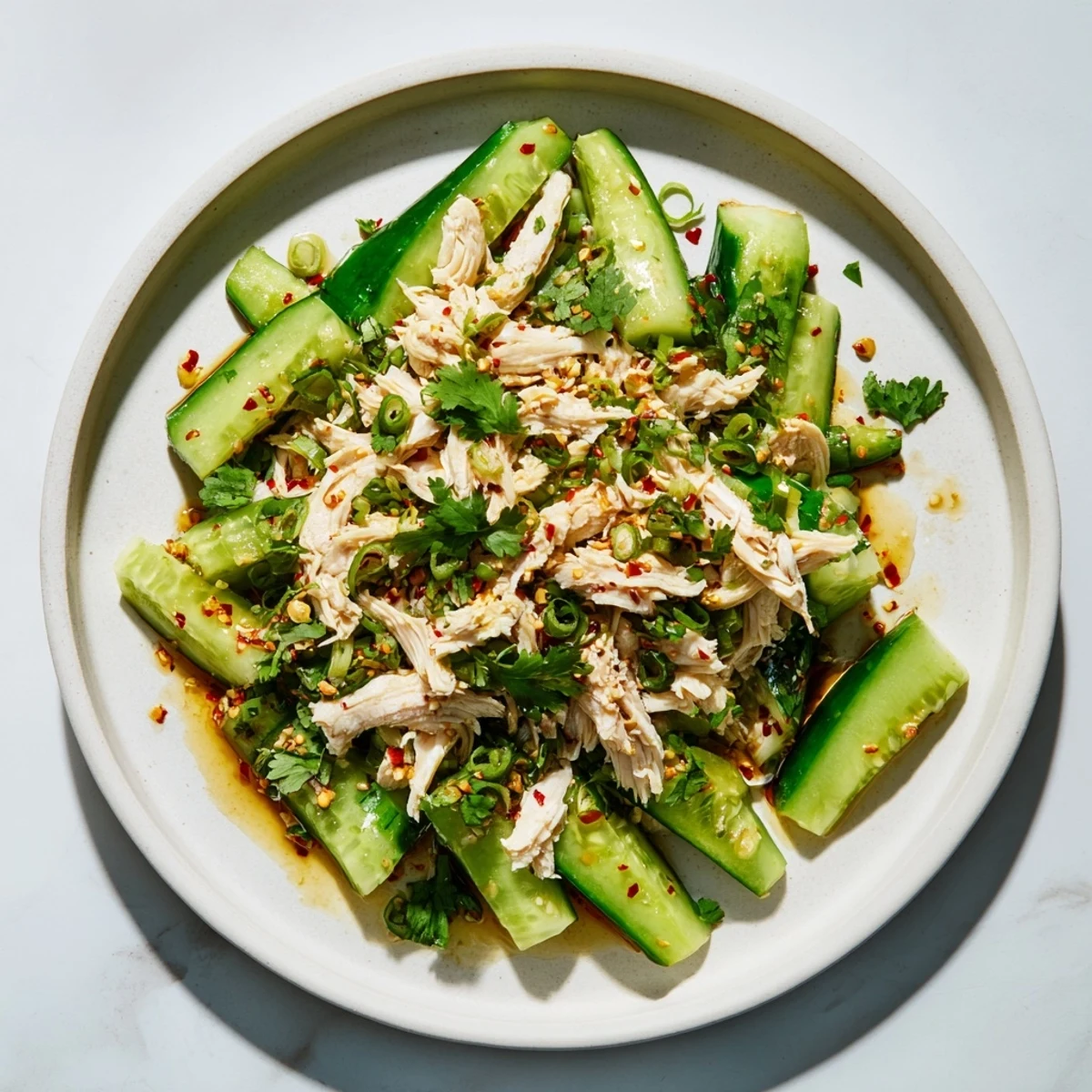 Tossed Whole Cucumber Logan Salad, featuring juicy rotisserie chicken and crunchy cucumber bites.