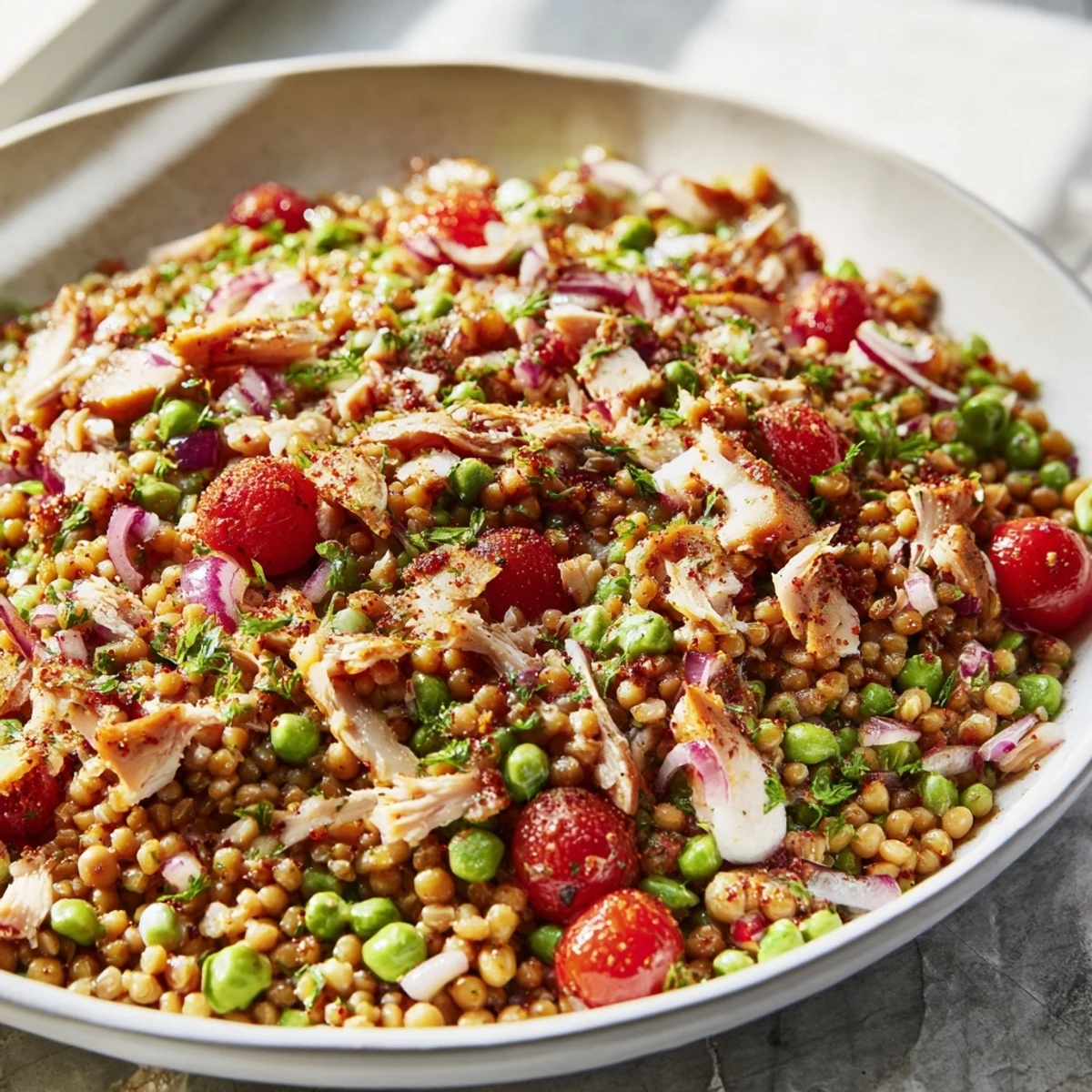 Creamy Dense Chickpea and Tuna Salad, bursting with fresh cherry tomatoes and herbs, ready to be enjoyed.