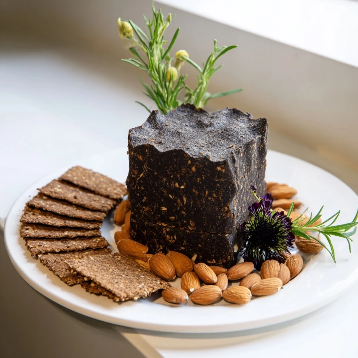 Striking close-up of The Obsidian Peak, a dramatic cheese platter with black cheddar at its center.
