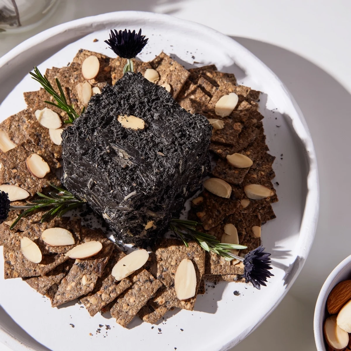 A visually stunning The Obsidian Peak cheese board, featuring dark crackers and charcoal-dusted almonds.