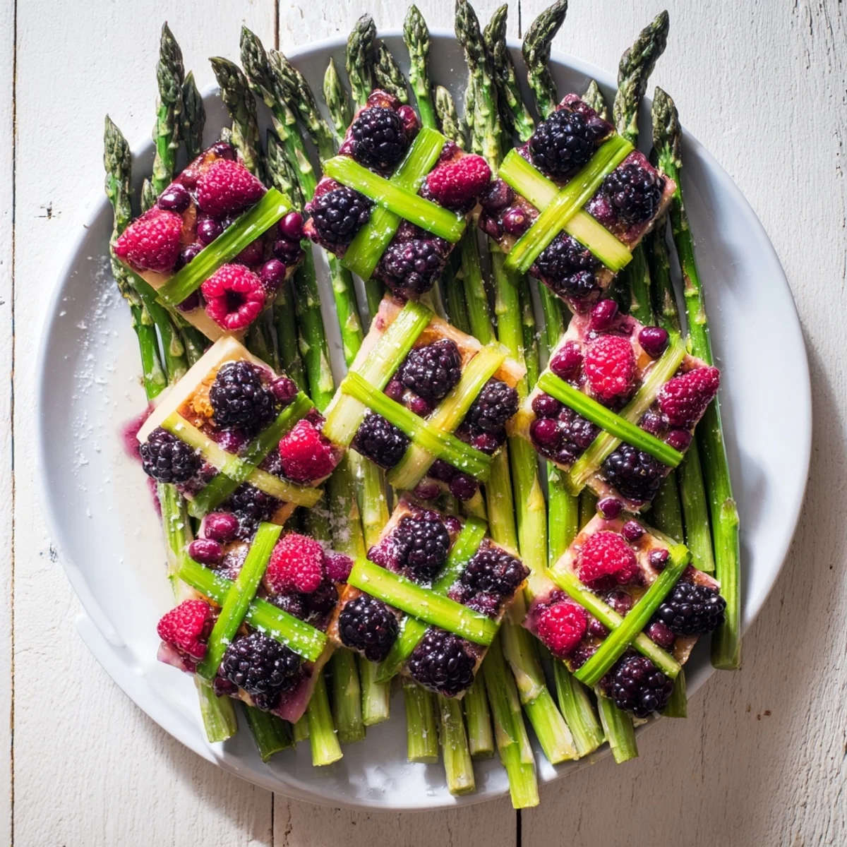 Close-up view of the Botanical Lattice appetizer, showing woven asparagus and jewel-toned berries.