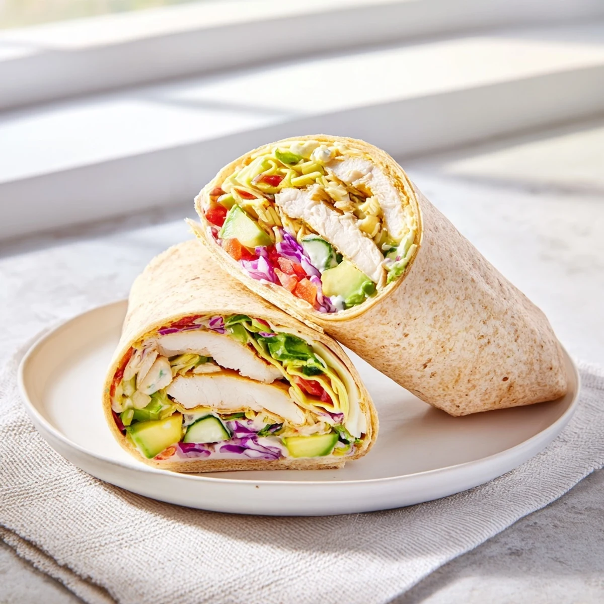 Green Goddess Chicken Wraps, filled with grilled chicken and a vibrant veggie salad, ready to eat.