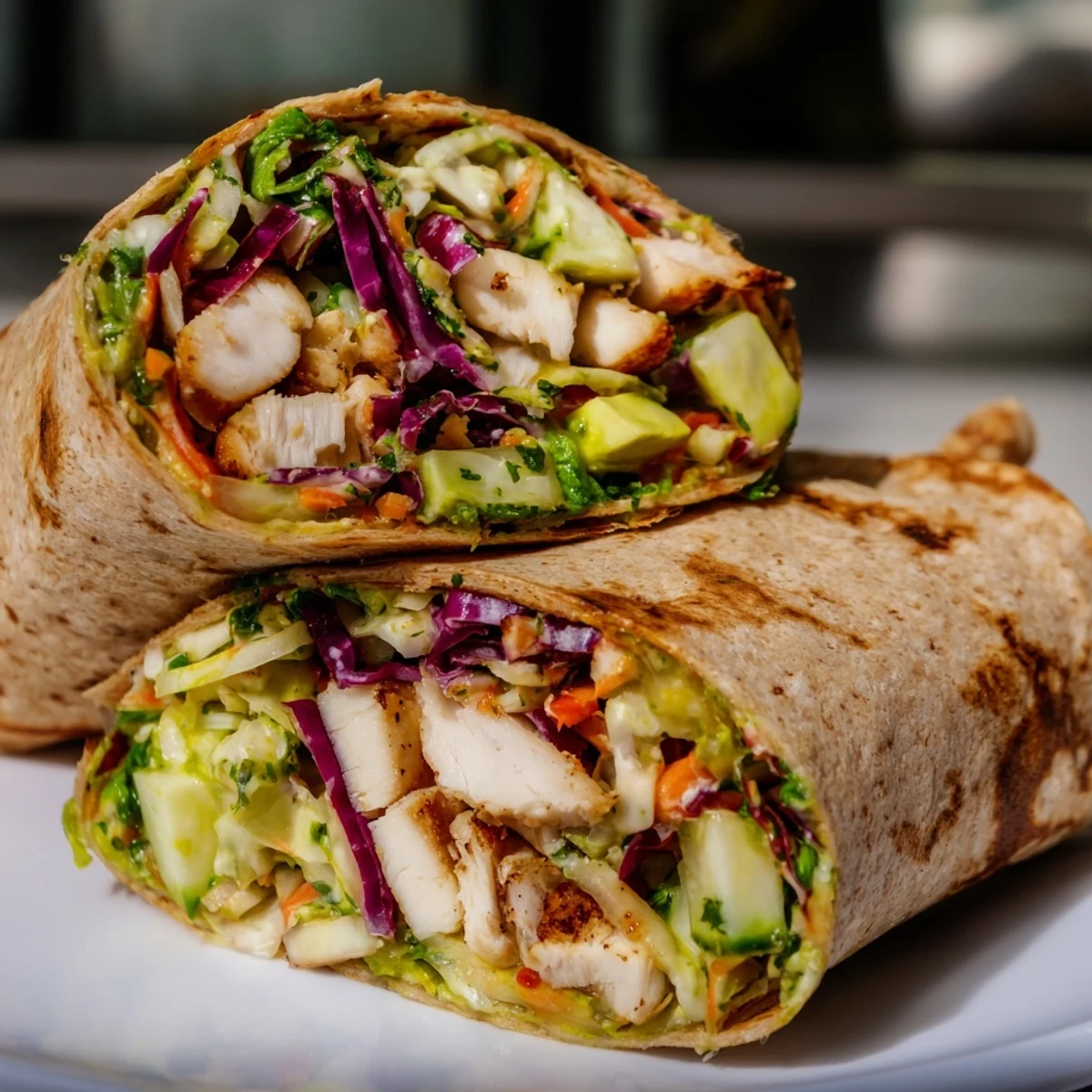 Close-up of a delicious Green Goddess Chicken Wrap, showing colorful filling and textures of the fresh ingredients.