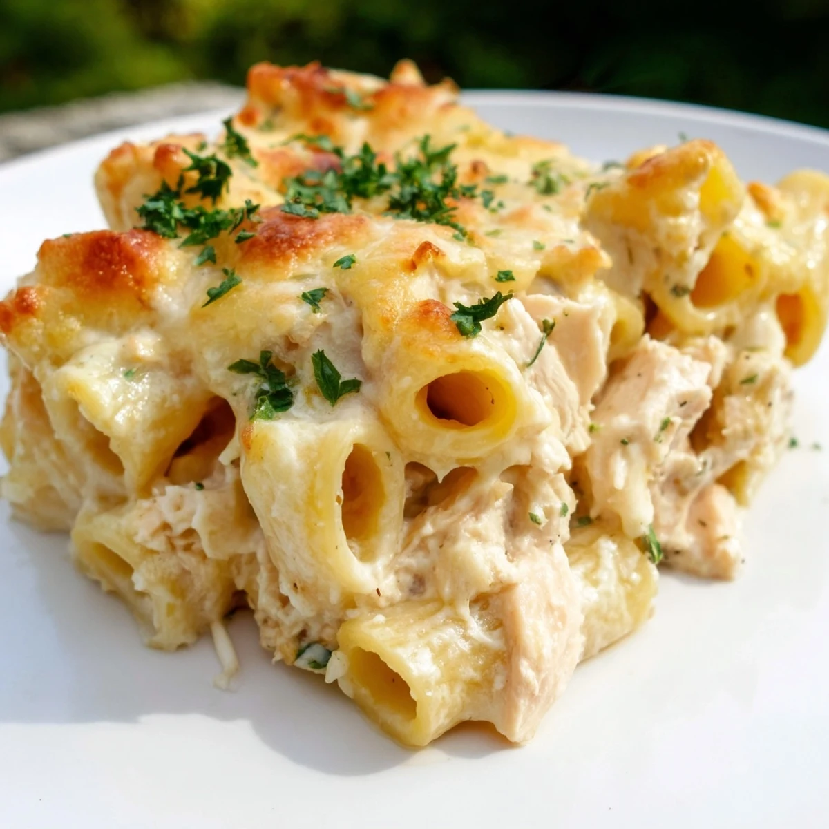 A close-up of a steaming Chicken Alfredo Bake, showing melted cheese and al dente pasta.