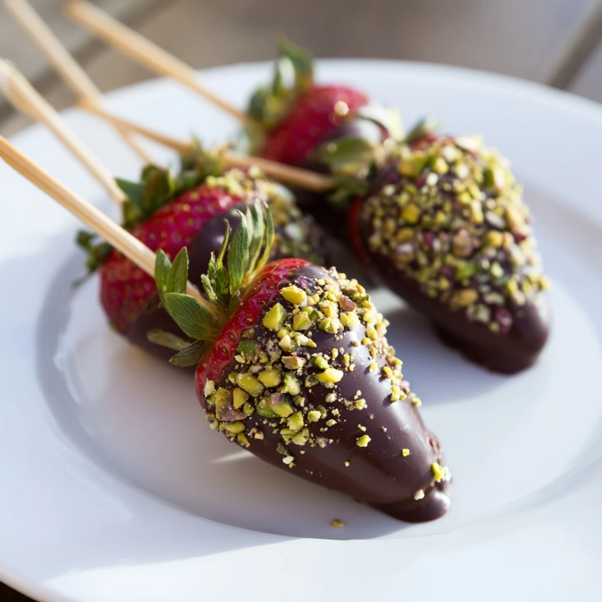 Close-up of vibrant chocolate-dipped strawberry skewers, garnished with nuts, perfect for sharing and easy to grab.