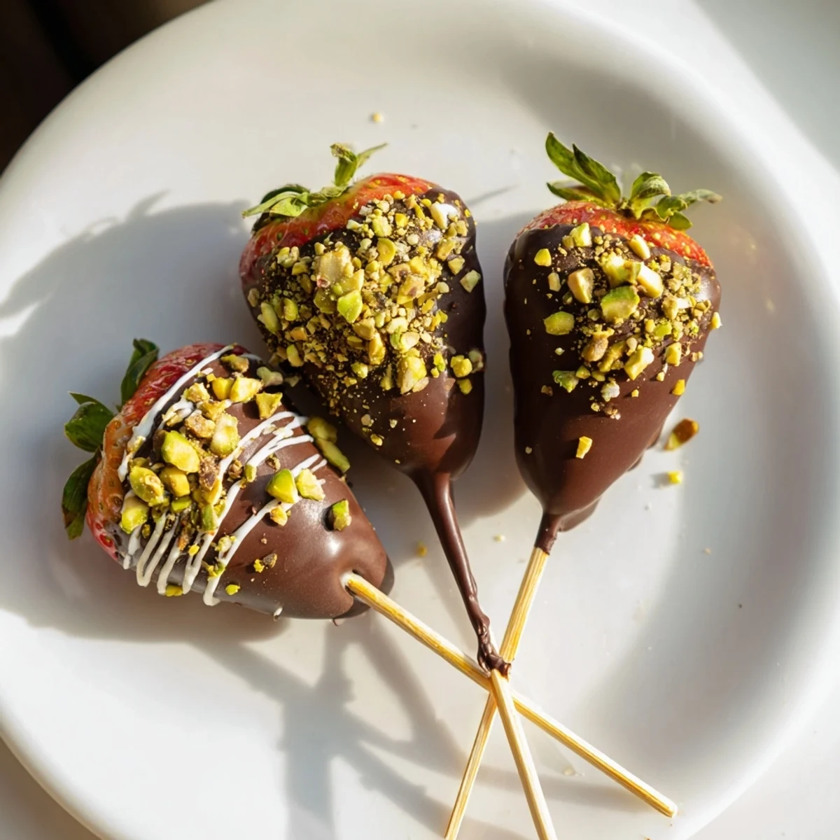 Refreshing chocolate-dipped strawberry skewers, a vegetarian dessert featuring juicy red berries and rich chocolate.