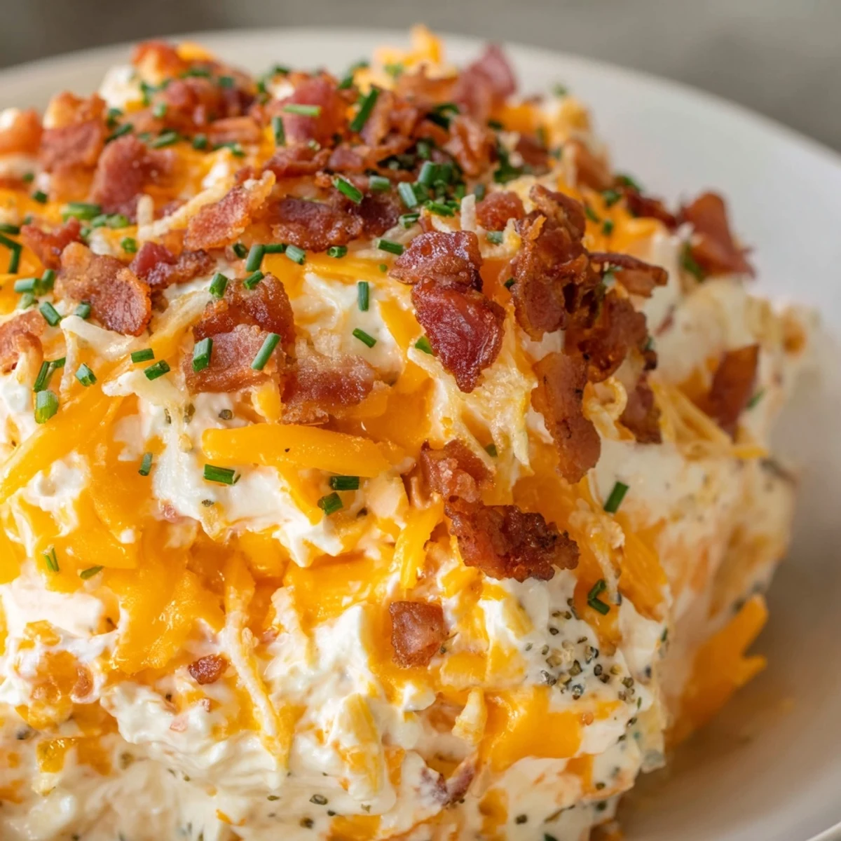 Warm, bubbly Cheesy Bacon Ranch Dip, with browned cheese and crispy bacon, ready to serve with chips.