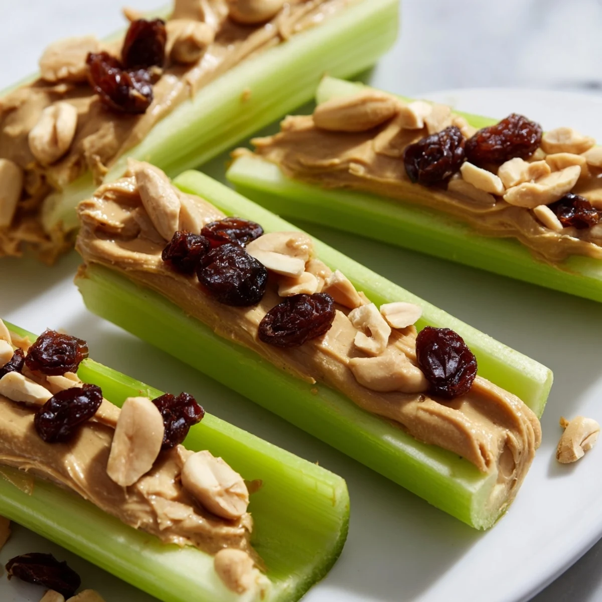 Close-up of Peanut Butter Celery Sticks, a quick snack with optional raisin "ants on a log" topping.