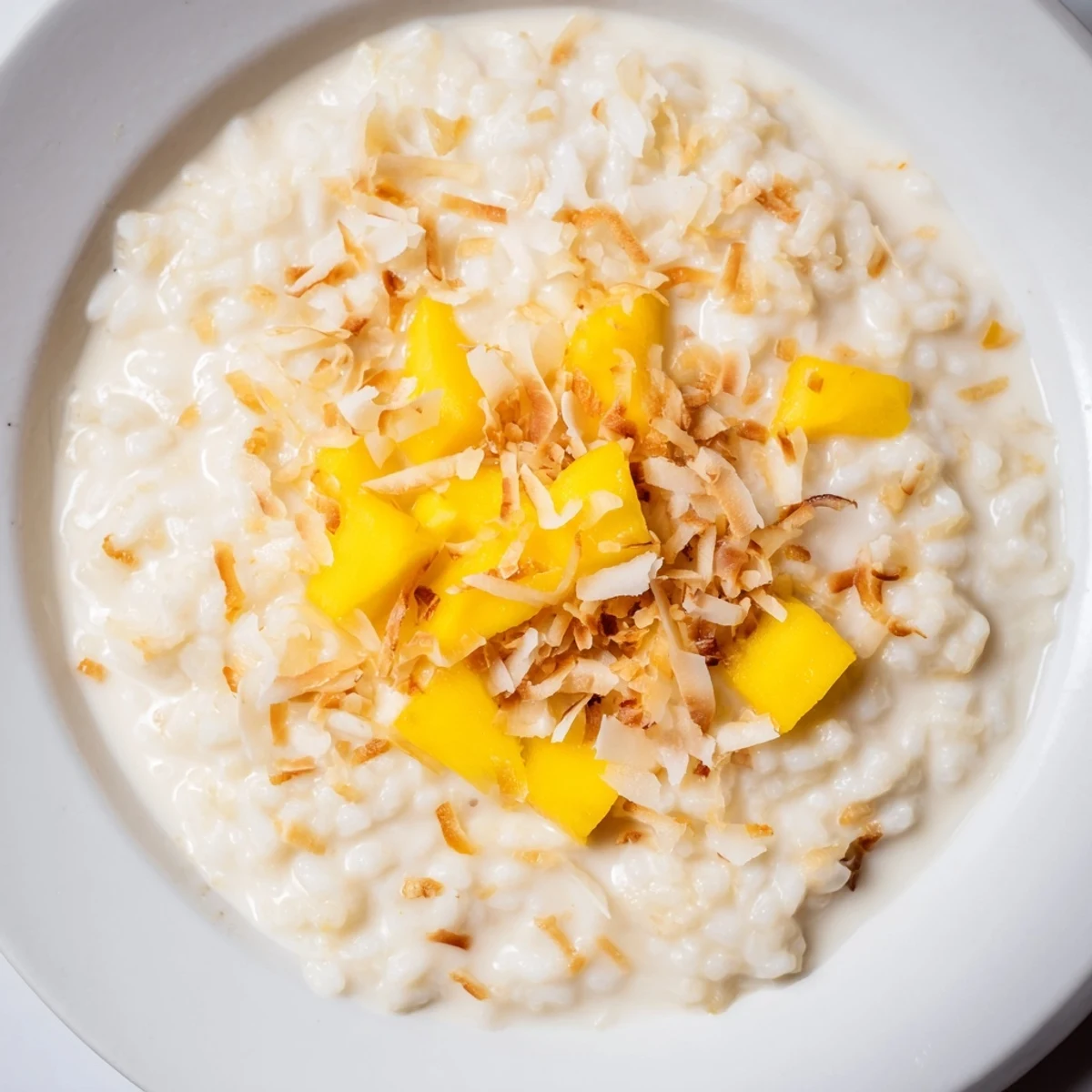 Creamy Toasted Coconut Rice Pudding, topped with golden flakes, ready to savor for dessert or breakfast.