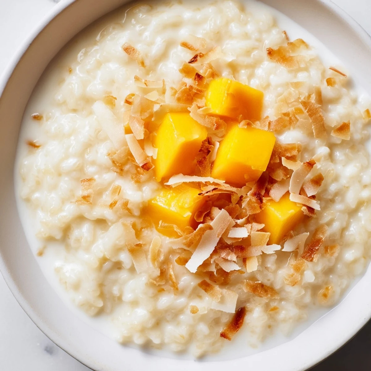 Warm Toasted Coconut Rice Pudding, a comforting bowl, with visible coconut flakes and fresh mango slices.