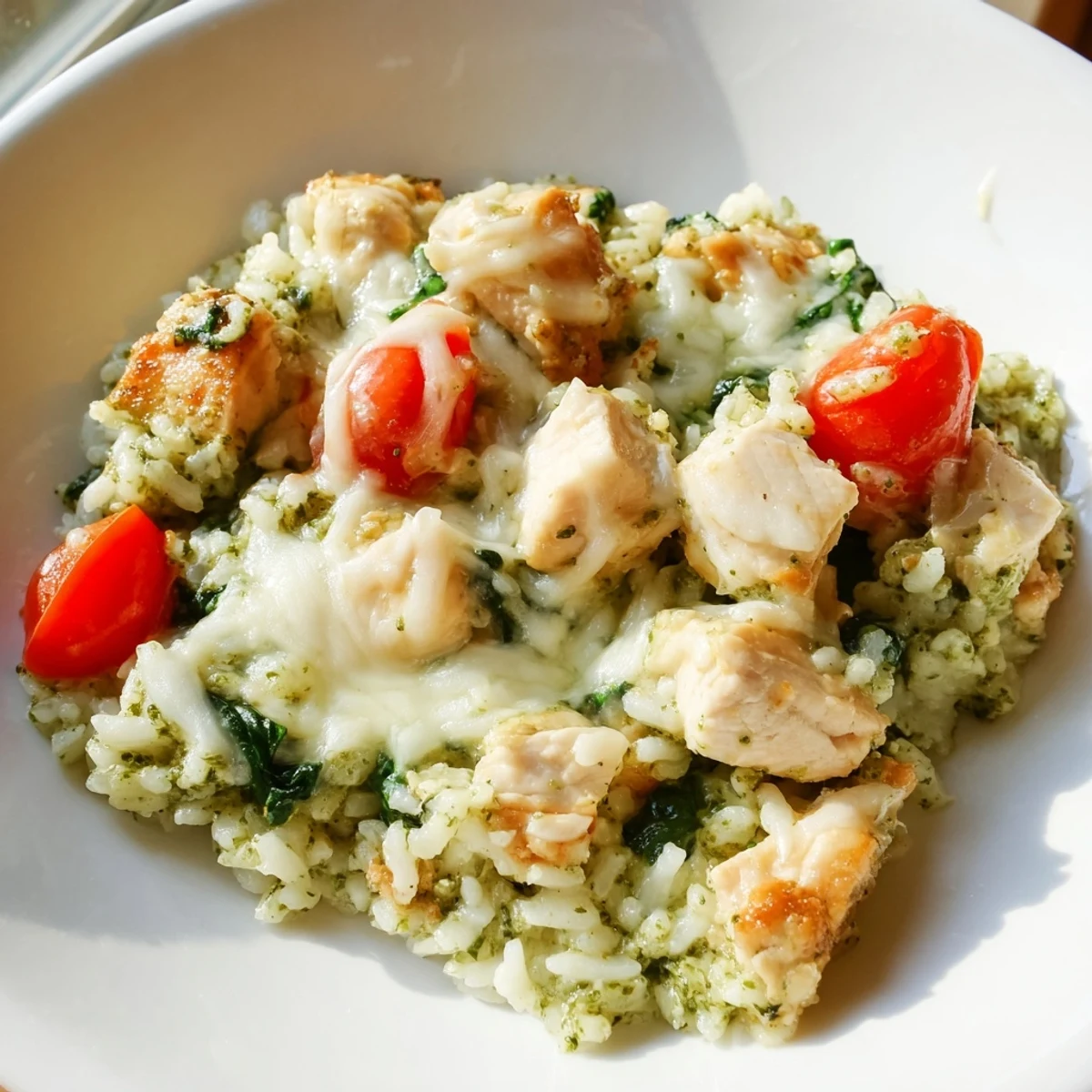 Golden, bubbly Chicken Pesto Rice Bake with melted cheese, promising a comforting Italian-inspired dinner.