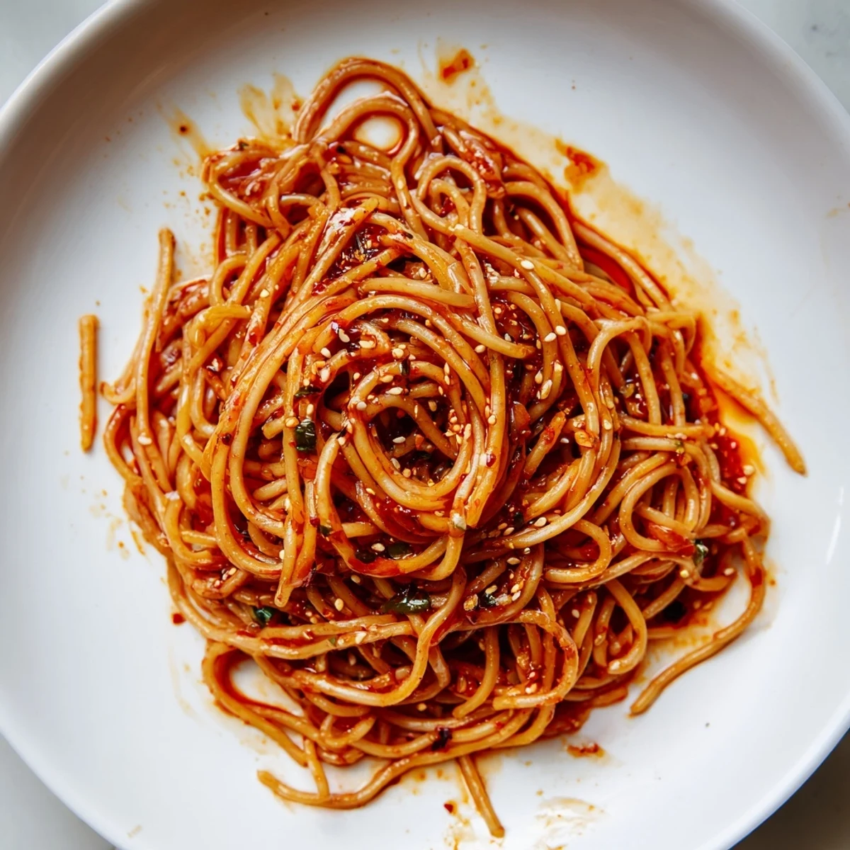 Vibrant image of Garlic Chili Oil Noodles coated in a rich, savory chili oil sauce.