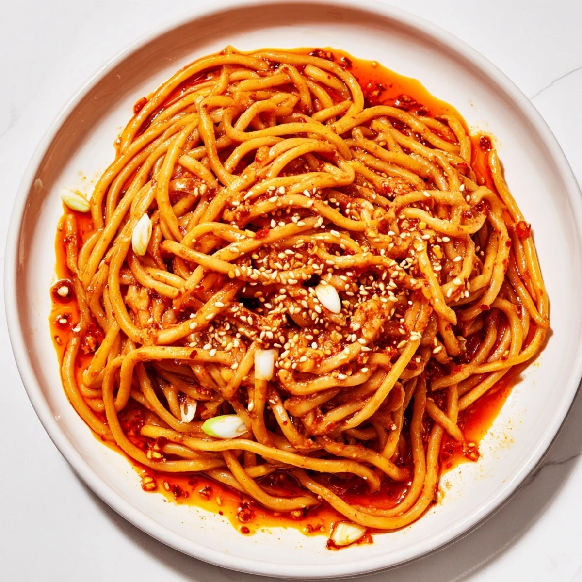 Close-up of the delicious Garlic Chili Oil Noodles ready to serve, a quick and easy recipe.