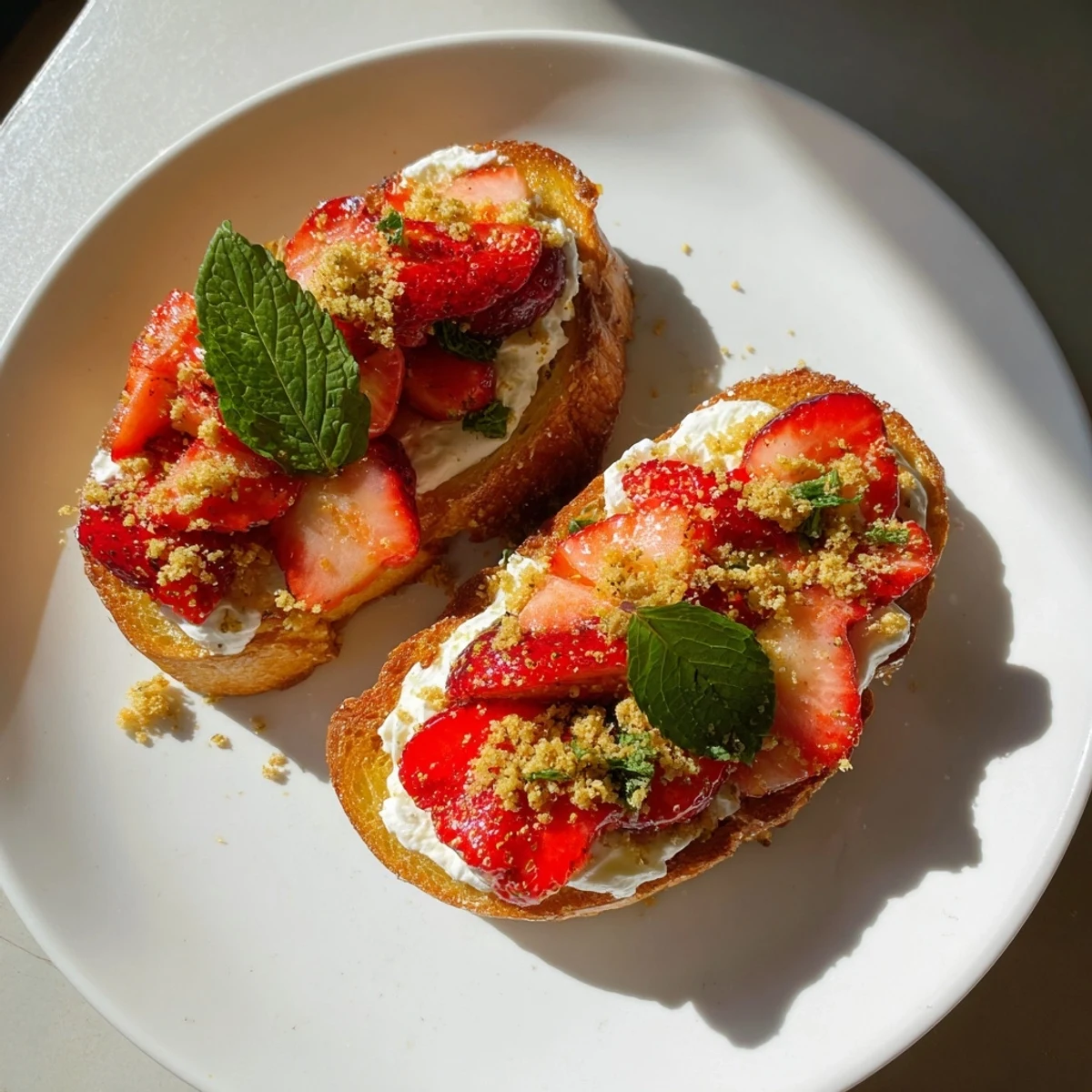 Golden brioche showcasing creamy Strawberry Cheesecake Toast topped with macerated strawberries, a delightful breakfast.