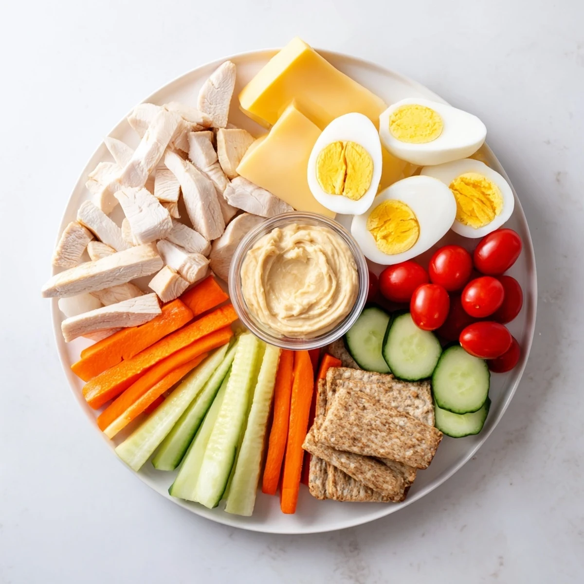 Protein snack boxes filled with sliced chicken, veggies, cheese, and hummus, a colorful lunch.