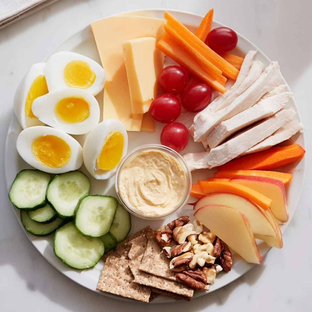 Vibrant protein snack boxes with chicken, eggs, and crackers, a delicious and easy meal prep idea.