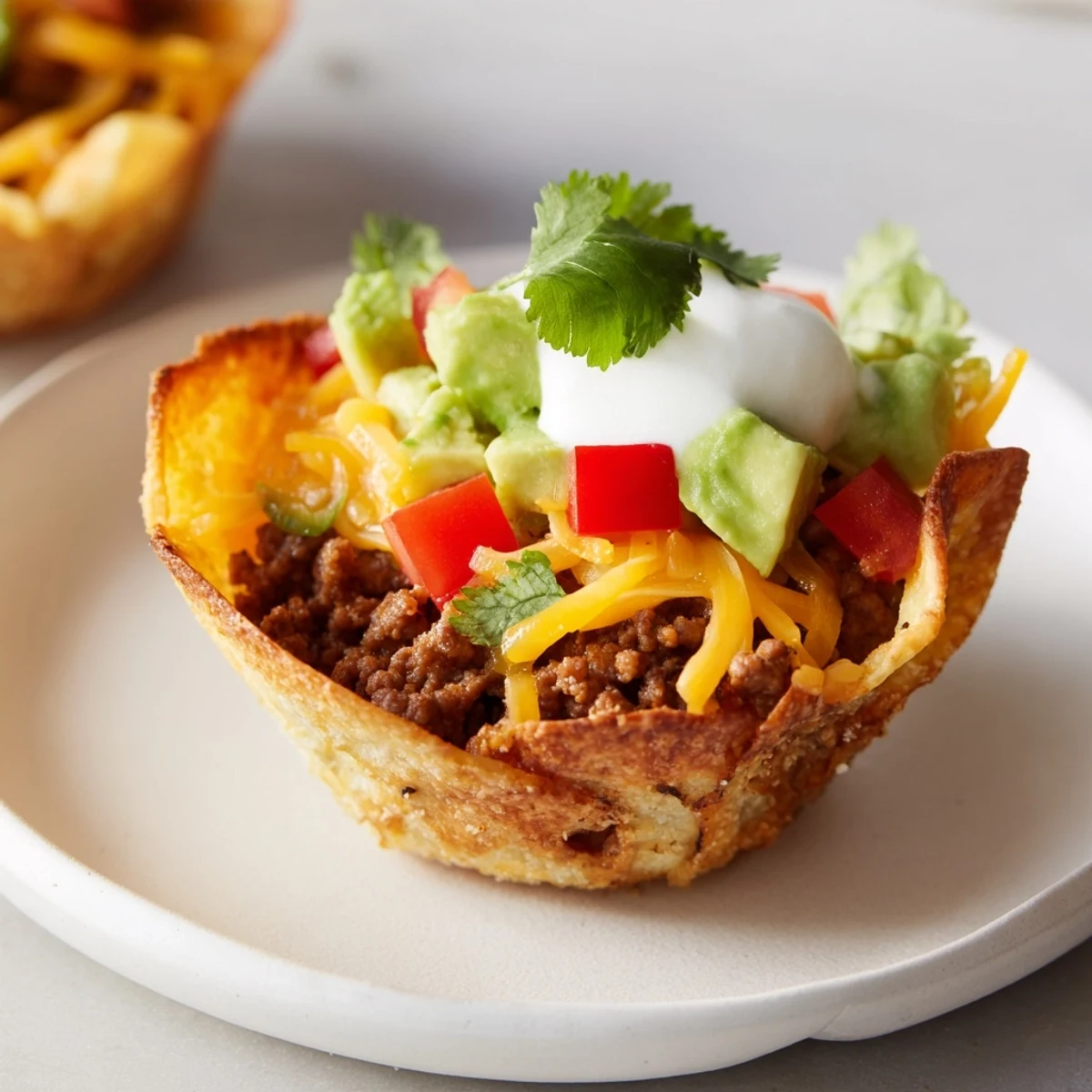 Golden-brown Mini Taco Cups filled with seasoned beef and melted cheese, ready to eat.