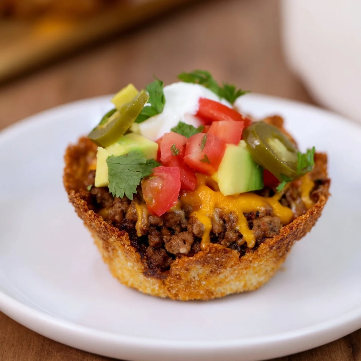 A close-up of cheesy Mini Taco Cups: savory beef within crispy tortilla shells.