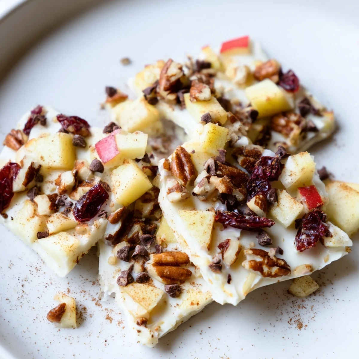 Frozen Apple Cinnamon Yogurt Bark, showing diced apples and a sprinkle of cinnamon atop creamy yogurt.