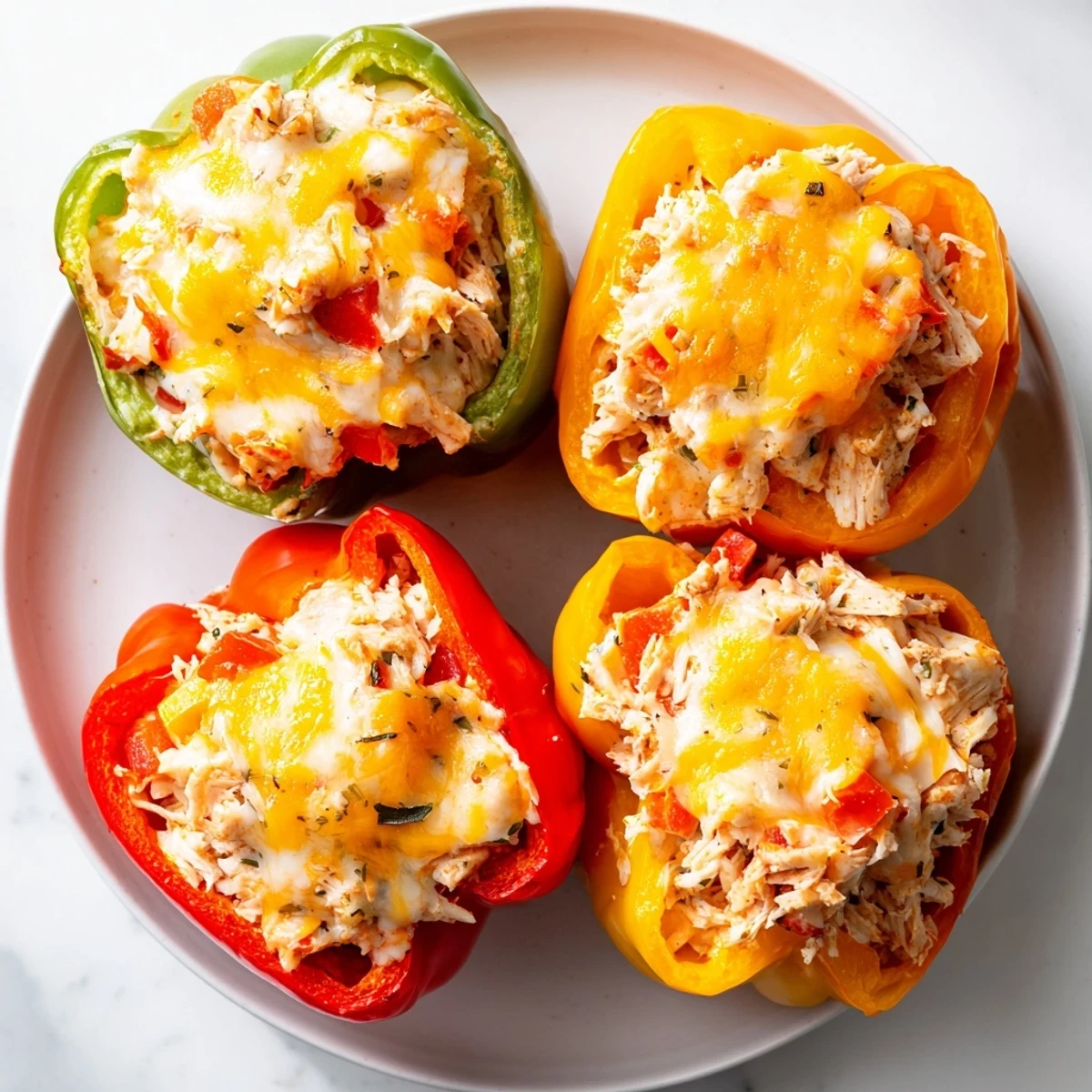 Golden, bubbly Cheesy Chicken Stuffed Peppers, a family-favorite meal with tender chicken and rice.