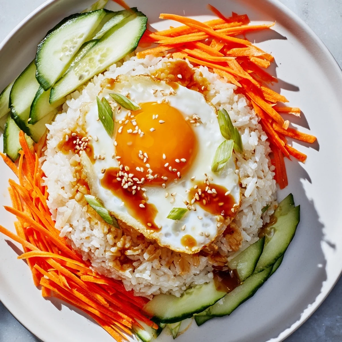 Golden, crispy Egg Rice Bowl with a perfectly fried egg, ready to be drizzled with savory sauce.