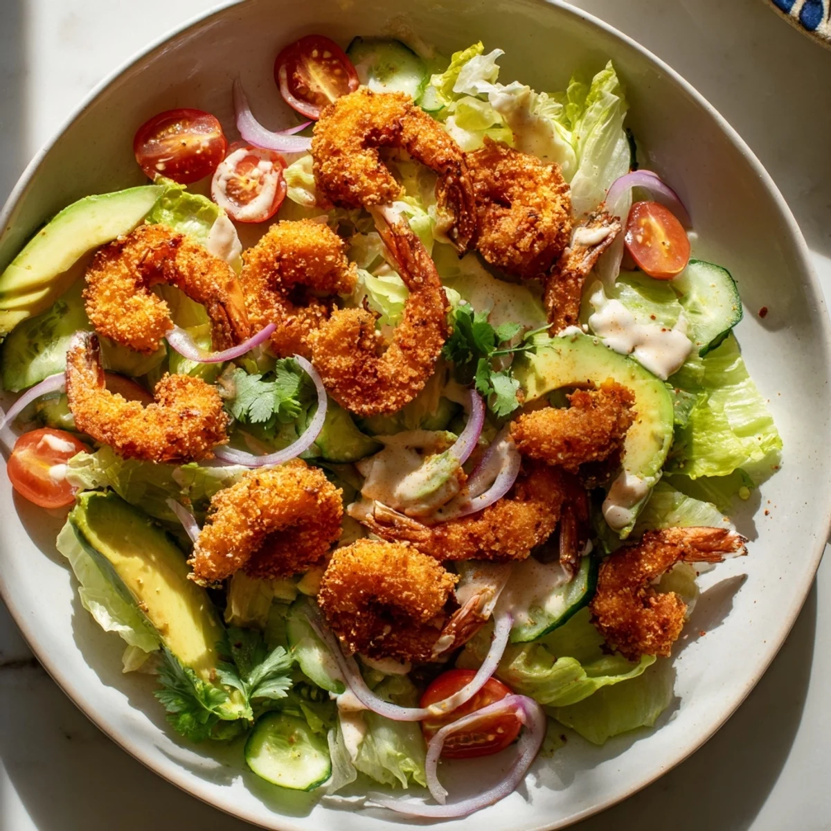 Golden crispy shrimp atop a bed of romaine lettuce in this flavorful Spicy Crispy Shrimp Salad.