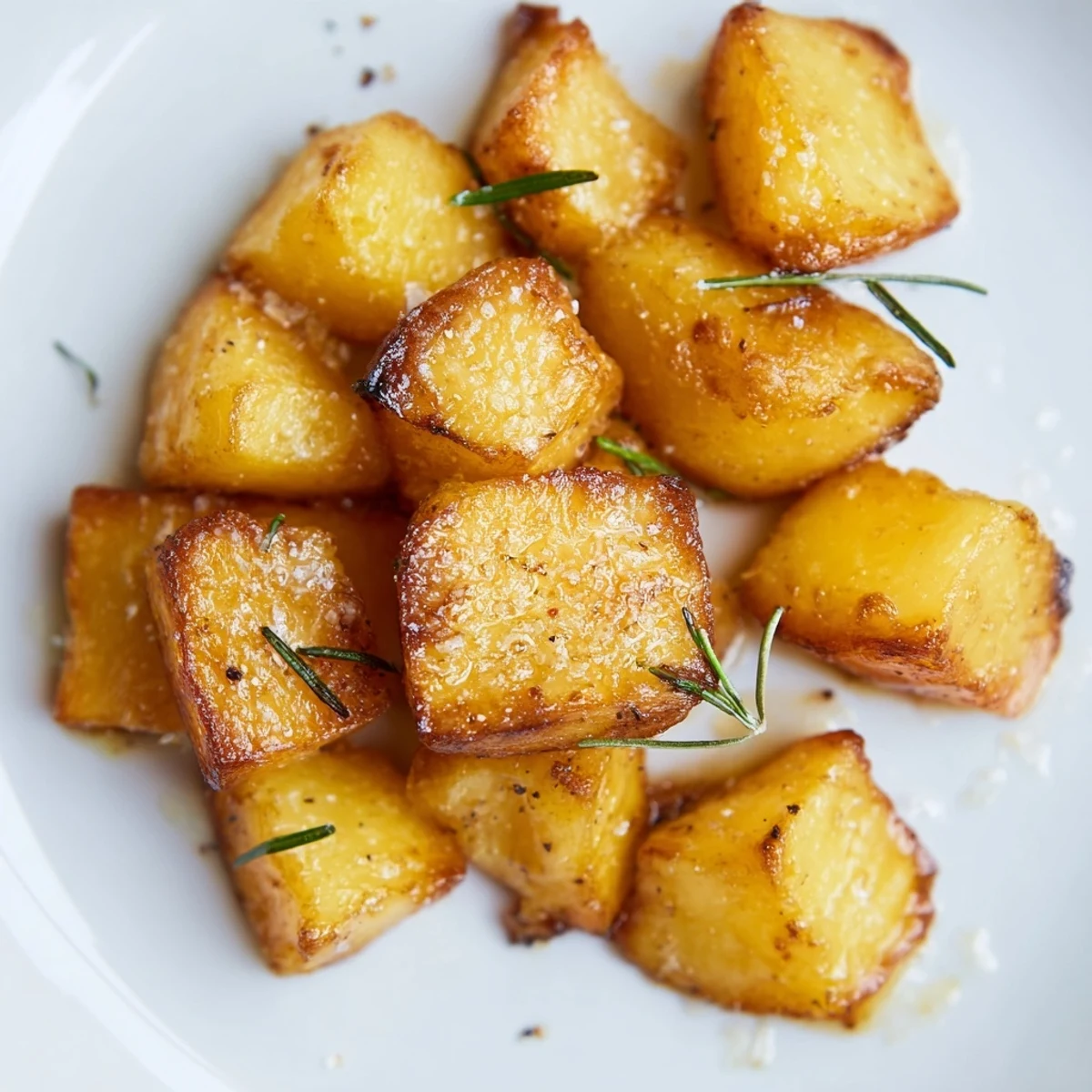 Close-up of perfectly roasted beef tallow potatoes, seasoned with herbs for a flavorful side.