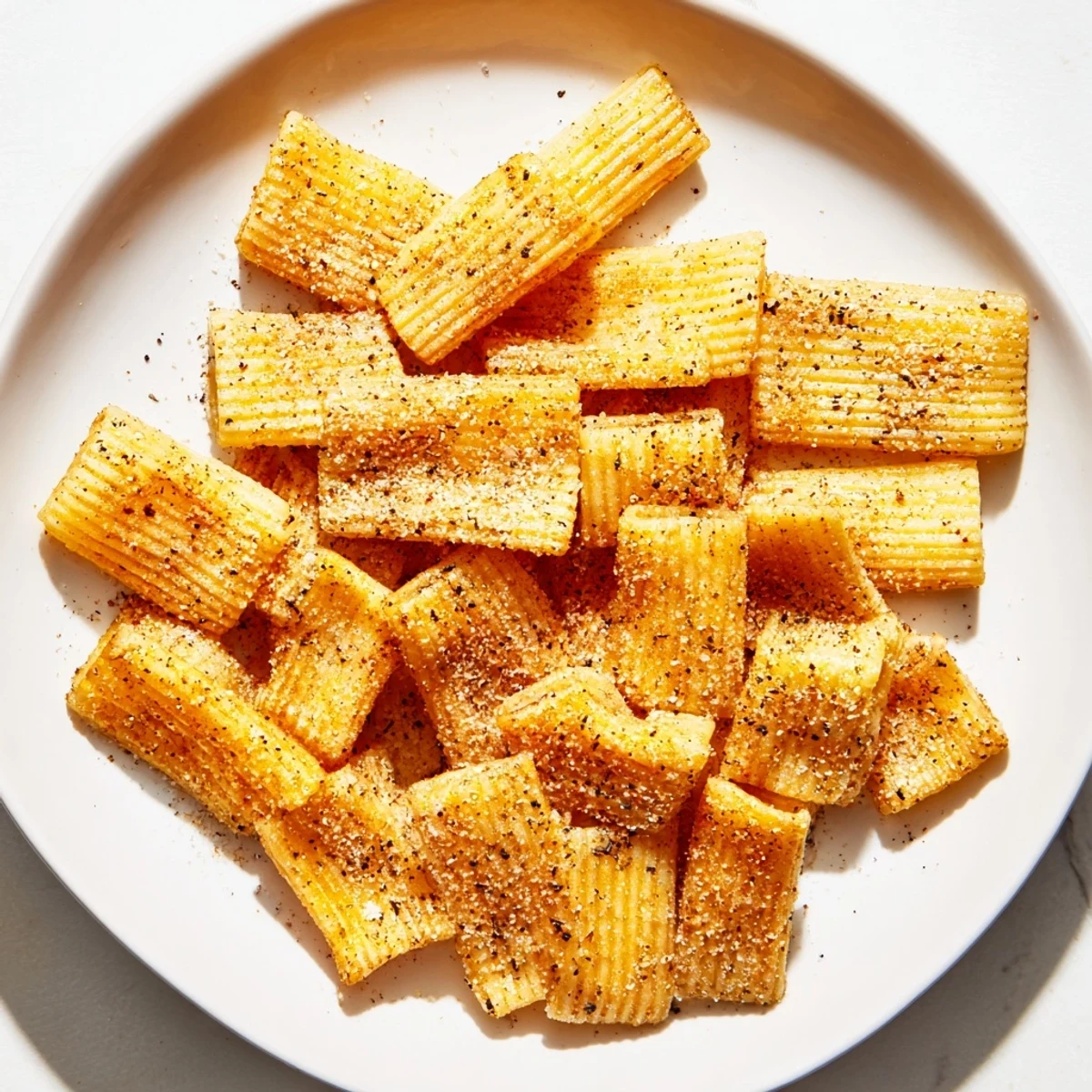Air-fried pasta chips, beautifully golden and seasoned, ready as a quick and easy Italian-American snack.
