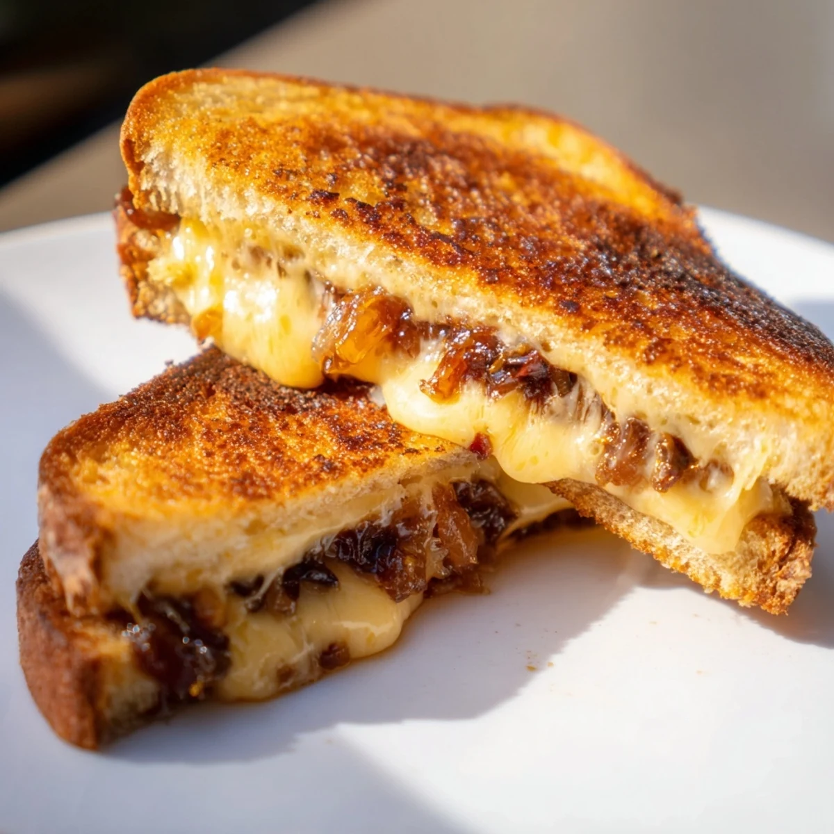 Golden, bubbly bacon jam grilled cheese oozing melted cheese, a comforting sandwich delight.
