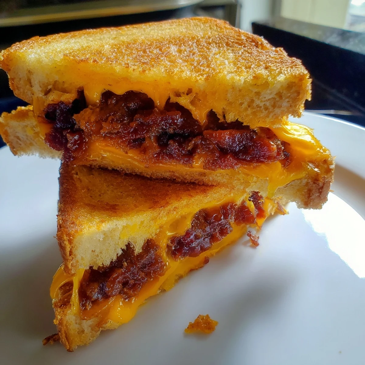 Savory bacon jam grilled cheese with browned bread crust and bubbling cheese, ready to eat.